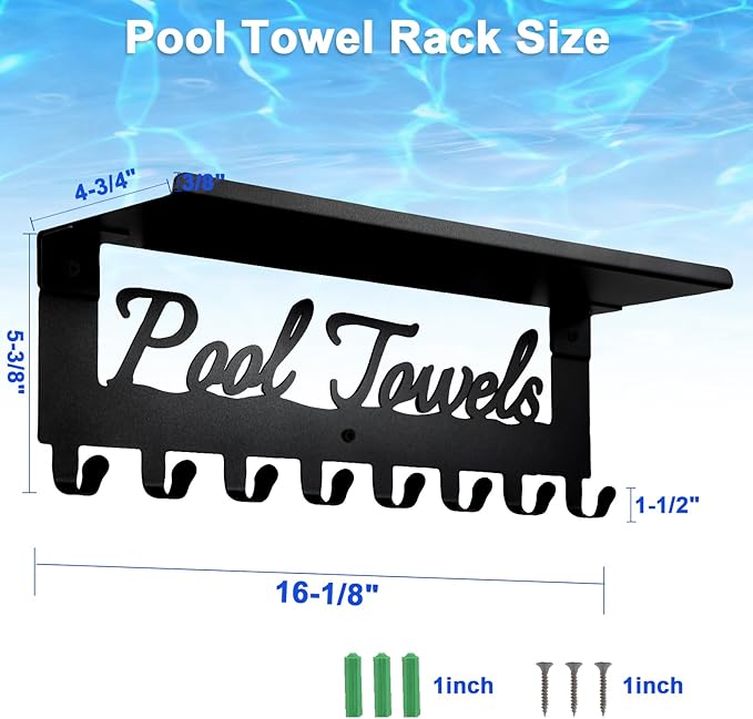 Pool Towel Racks with Shelf 8 Hooks for Pool Bathroom Wall Mount Towel Hooks Towel Holder Carbon Steel Hanger Organizer Pool Accessories Outdoor for Robe,Towel,Coat,Swimsuit,Bag,Keys
