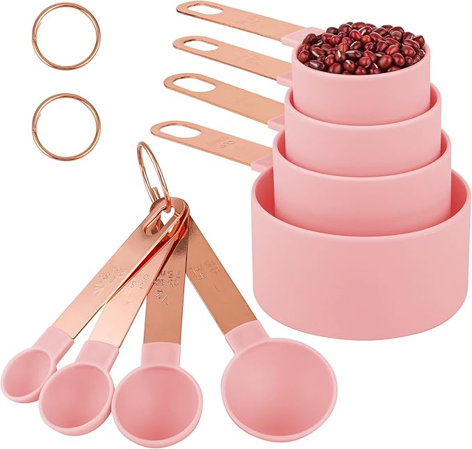8-Piece Stackable Rose Gold Stainless Steel Handled Measuring Cups and Spoons for Measuring Dry and Liquid Ingredients (Pink)