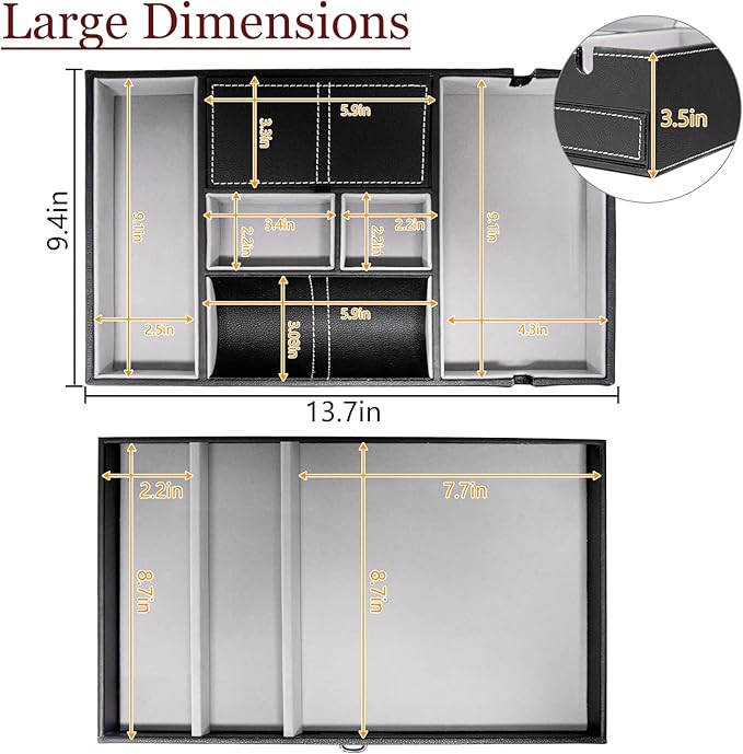 Baoyun Valet Tray for Men, 2 Layers Nightstand Organizers for Men and Women, Leather Jewelry Storage Box, Mens Dresser Top Organizer, Catch All for Jewelry Key Wallet and Phone (Black)
