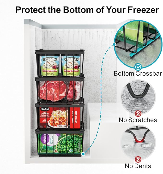 iSPECLE Freezer Organizer Bins - 4 Pack Stackable Deep Freezer Organizer Bins for 5 Cu.Ft Chest Freezer Sort Frozen Food, Heavy Duty Metal Storage Bins with Handles, Easy Access without Digging