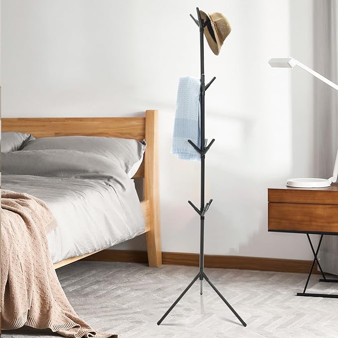 Aynoo Coat Rack Stand with 12 Hooks,Metal Freestanding Coat Standing,Light weight Cap Rack,Black