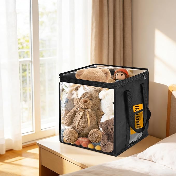 4 Pack Clear PVC Storage Bins with Handles - 12" x 12" Cube Storage Bins Foldable Transparent Storage Box, PVC Organizer Boxes for Clothes, Toys and Stuffed Animal Storage (Black)