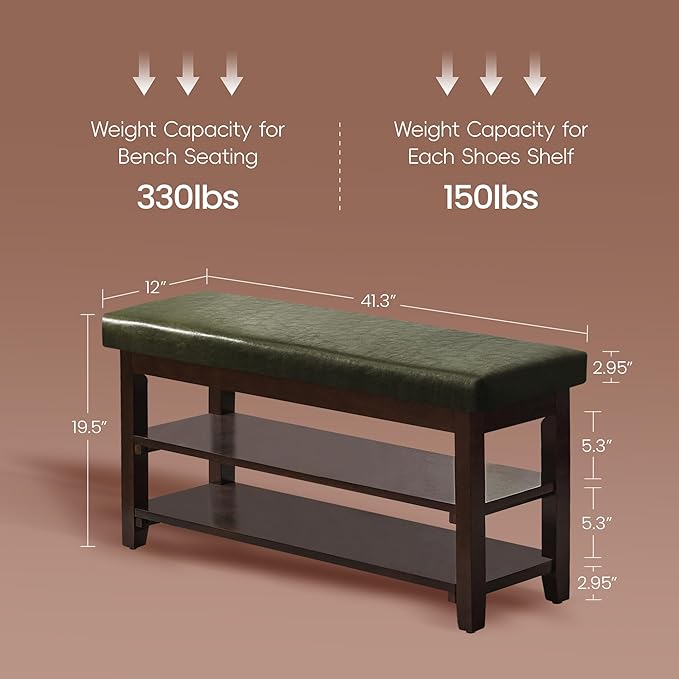40" Shoe Bench with Leather Cushion, 2-Tier Shoe Rack Entryway Bench, Wood Bench for Front Door Entrance, Mudroom, Hallway, Wooden Shoe Shelves, Shoe Organizer, Shoe Storage, Green