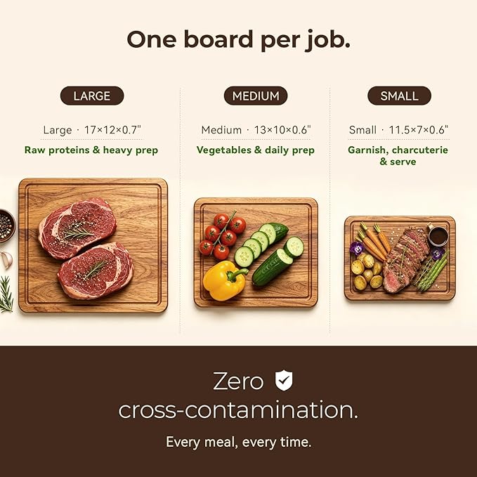 Acacia Wood Cutting Board Set of 3 for Kitchen — Non-Toxic, Kiln-Dried & Pre-Oiled 3x | Warp-Resistant Solid Acacia with Juice Groove, Handles & Anti-Slip Feets | Large Medium Small