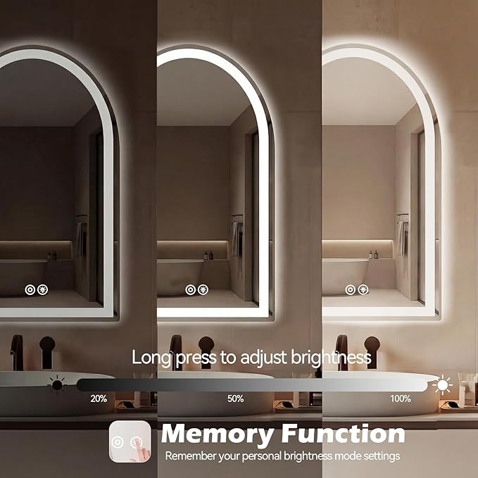 Sweetcrispy 20"×28" LED Arched Bathroom Mirror with Lights, Arched Lighted Bathroom Vanity Mirror with Anti-Fog, Dimmable, 3-Color Light, Memory Function, Tempered Glass