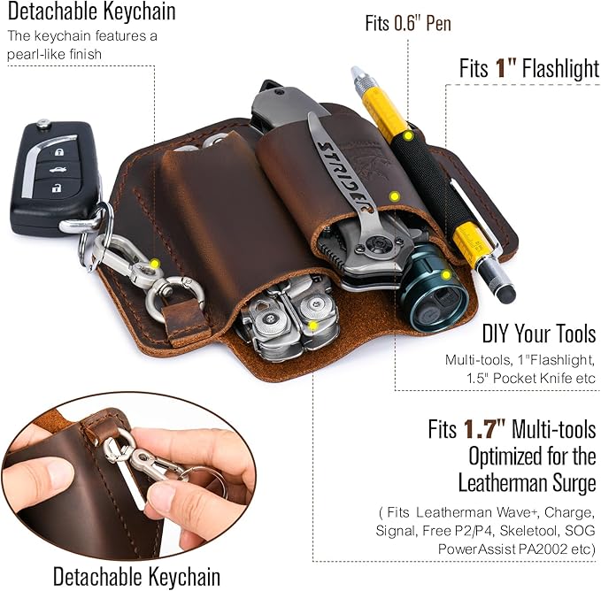 FLYHOMES Genuine Leather Multitool Sheath | Handmade Stitched EDC Belt Organizer for Leatherman Surge | Flashlight, Knife Holster, Pen & Tools Pouch | Dark Brown (Large)