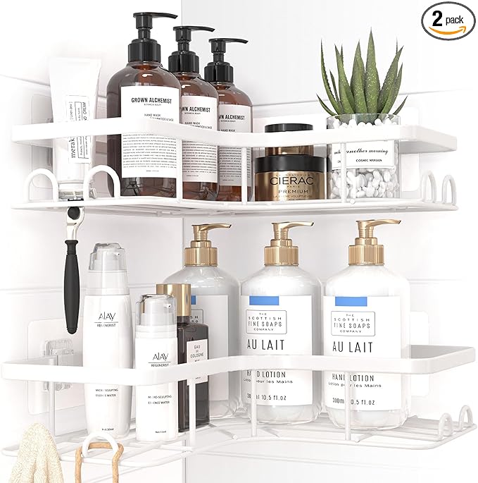 Sakugi Corner Shower Caddy - 2 Pack, Adhesive Shower Organizers, Rustproof Stainless Steel Shower Shelves with 8 Hooks, No Drilling Bathroom Organizers and Storage Racks, Space-Saving, White, Large