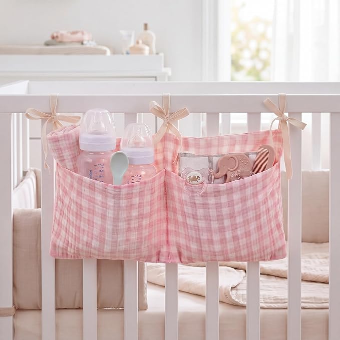 Gingham Crib Organizer Hanging Cotton Baby Bedside Hanging Storage Bag Storage Crib Organizer Baby Nappy(Pink)