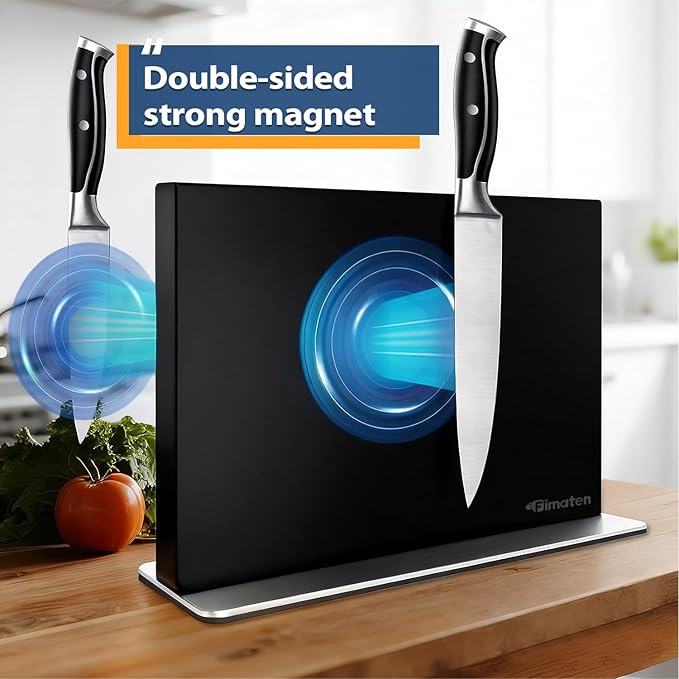 Magnetic Knife Block Stand Without Knives 16 Inch Black Stainless Steel Double Sided Home Kitchen Organizer Storage Knife Holder Board for Counter Top with Strong Magnets