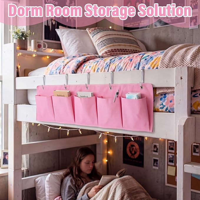 Extra Large Bedside Caddy Storage Bag 53 Inch Bedside Hanging Organizer Bedskirt Pocket Organizer Storage Bag Shoe Rv Pockets with Hook for Home Dormitory Hospital Camper Van Bunk Nursery Bed(Pink)
