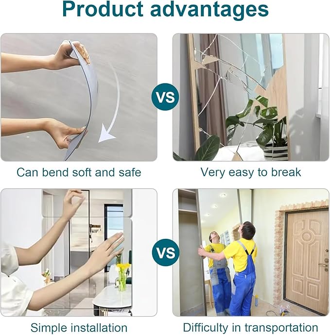 6 Pack 14"x12" Shatterproof Acrylic Mirror Tiles – Self-Adhesive, Unbreakable Wall Mirrors for Kids Room, Bathroom, Bedroom, Closet Door, or Home Gym