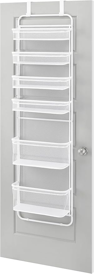 Whitmor Over The Door Organizer Storage, 6 Tier Hanging Door Organizer with Metal Frame & Mesh Baskets, Heavy Duty Behind Door Storage for Pantry, Bathroom, Closet, 17.7"W x 7.9"D x 67"H, White