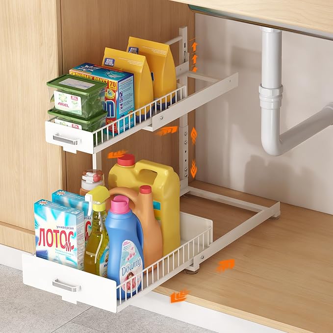 Under Sink Organizer, 2 Tier Slide Out Cabinet Organizer with Pulley, Height Adjustable Pull Out Shelf for Kitchen, Bathroom, Laundry and Utility Storage, White, 1 Pack