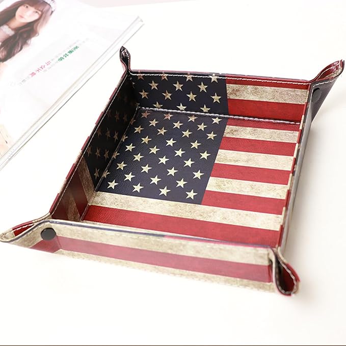 Valet Tray Desktop Storage Organizer, Vegan Leather Catchall Bedside Vanity Tray Nightstand Caddy Holder for Remote Controller, Watch, Keys, Phone, Wallet, Sunglasses, Jewelry - Flag