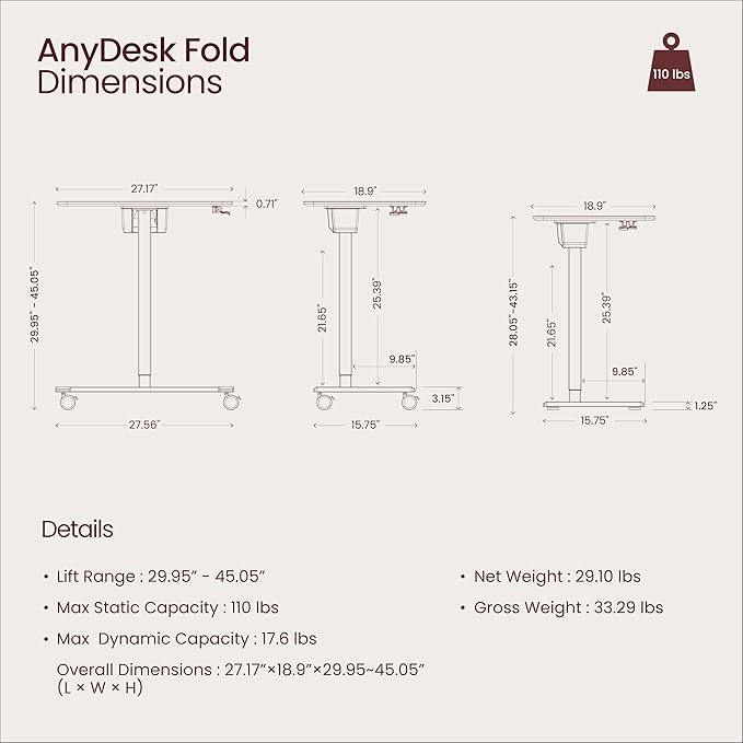 TopJob ANYDESK FOLD Mobile Standing Desk, Portable with Lockable Wheels, Foldable Stand Desk, Rolling Computer Workstations, Used for Home, Couch Side Table, Bedside Table in Bed Room Kitchen (Black)