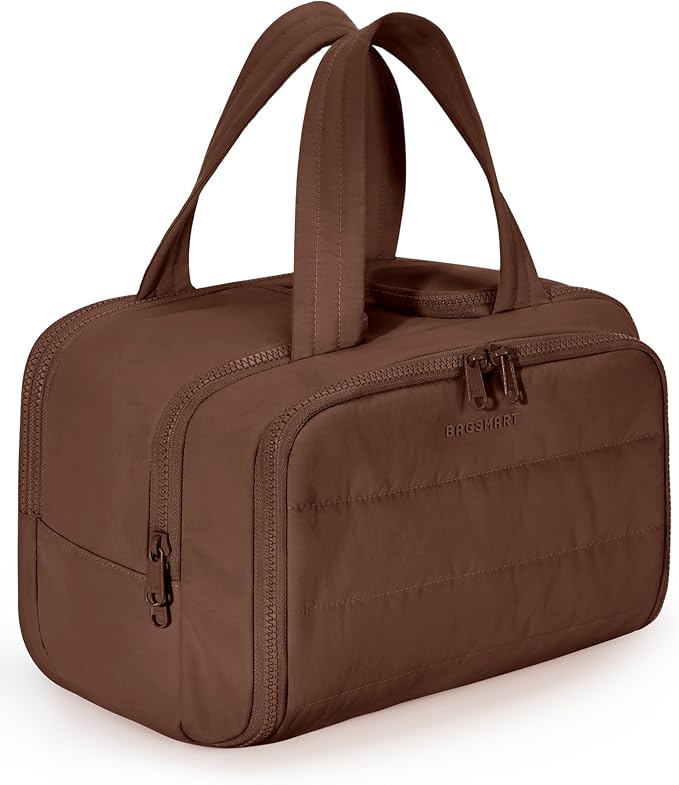 BAGSMART Travel Toiletry Bag, Puffy Toiletry Bag for Women, Wide-open toiletry bags for traveling, Large Travel Cosmetic Makeup Bag Organizer for Accessories,Toiletrie (Coffee Brown)