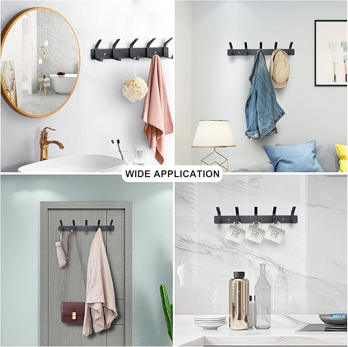 Coat Rack Wall Mounted,5 Coat Hooks for Hanging Coats,Heavy Duty Metal Double Hook Rack Hook Rail,Coat Rack with Hooks,Wall Mount Coat Hanger for Hat Towel Purse Robes ,Black,2Pack (Black2, 5 Hooks)