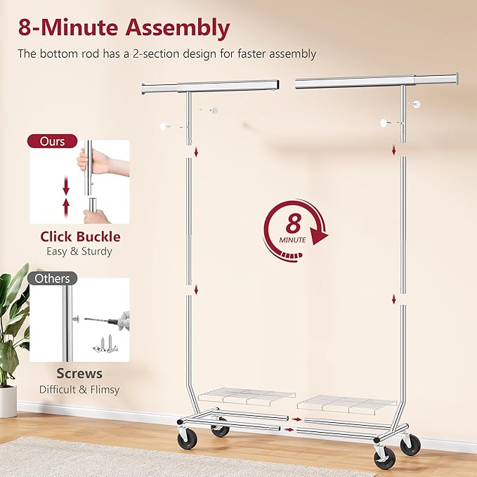 Tajsoon Clothes Rack Heavy Duty Load 350 LBS, 73.8' Extendable & Adjustable Collapsible Clothing Rack for Hanging Clothes, Rolling Garment Rack with Lockable Wheels for Bedroom, Plating Chrome