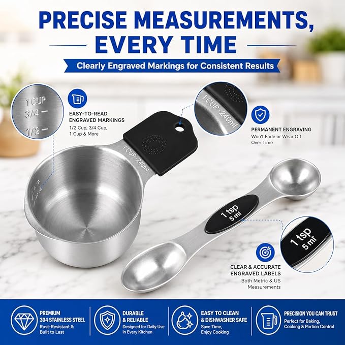 Magnetic Measuring Cups & Spoons Set, Strong N52 Magnets, Heavy Duty 304 Stainless Steel Fits in Spice Jars for Baking & Cooking, BPA Free, Round Set of 15 with Leveler,Dark Black