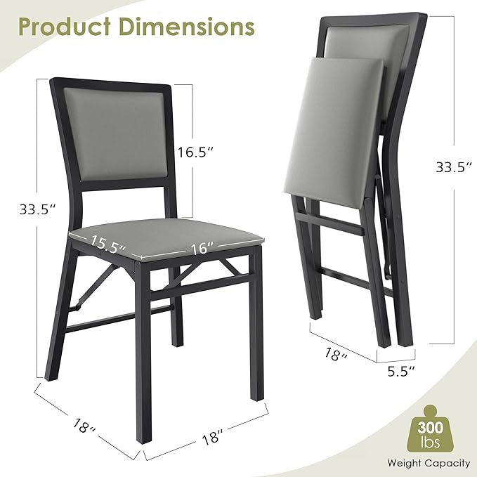 VECELO Folding Chairs Set of 4 with Cushion, Foldable Padded Seats with Heavy Duty Metal Frame for Kitchen/Dining/Living Room, No Assembly & Space Saving Design, Grey