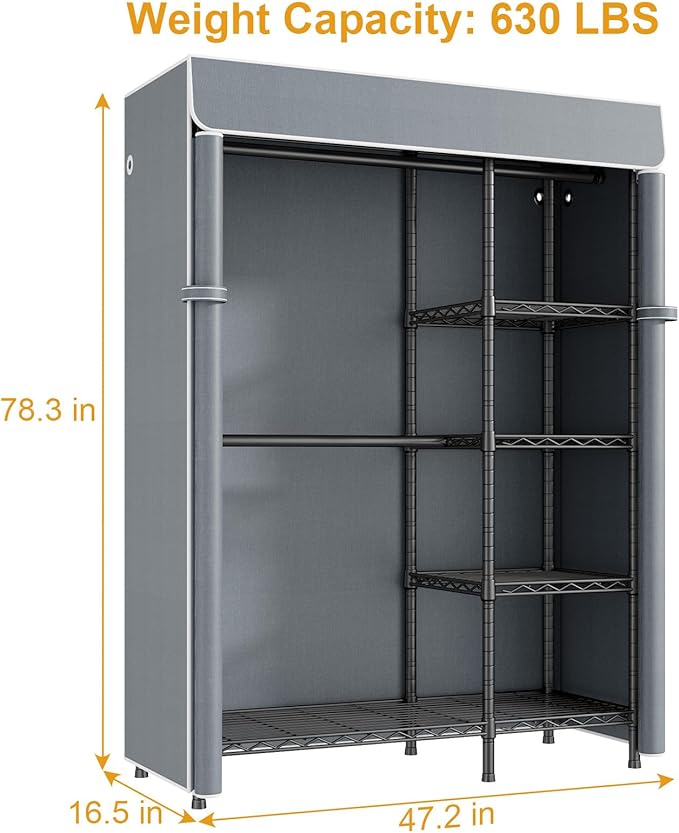 ULIFHOME F2C Clothes Rack with Cover, Clothing Racks for Hanging Clothes, Heavy Duty Garment Rack with Shelves and Hanger Rods, Black Closet with Gray Cover, 47.2" W x 16.5" D x 78.3" H, Load 630lbs