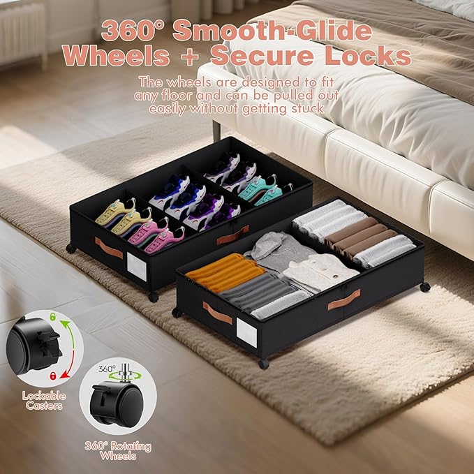 Under Bed Storage 2 Pack 66L for Dorm & Small Apartment - Rolling Containers with Wheels & Clear Lid, Metal Frame, Adjustable Dividers for Clothes/Shoes/Blankets, Easy Roll & See Inside, Black