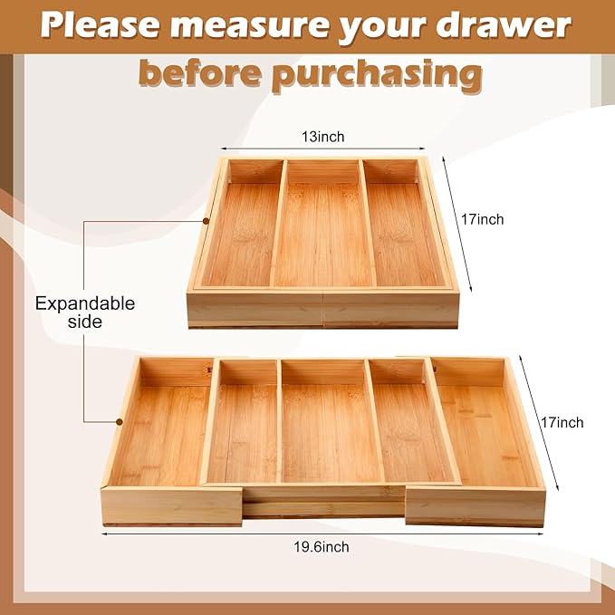 Baderke Bamboo Kitchen Drawer Organizer, Knife Drawer Organizer Drawer Dividers for Kitchen Utensils and Storage Knives Kitchen Steak Knives Holder Organizers Block Insert Dock for Drawer in Storage
