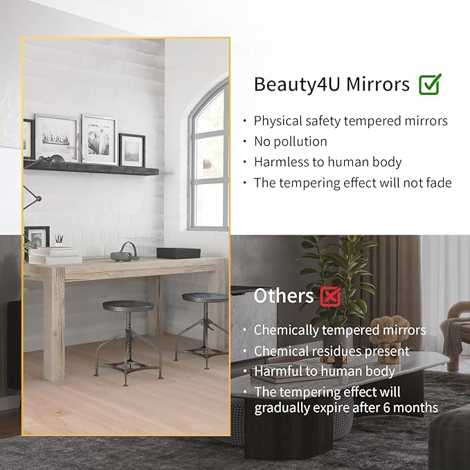 Beauty4U Full Length Mirror 76" x 34", Large Floor Mirror with Stand, Wall Mounted or Leaning, HD Tempered Glass Full Body Mirror for Bedroom, Living Room, Entryway, Gold Frame