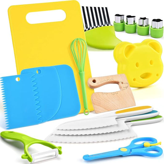 17PCS Montessori Toys Real Cooking Set for Kids Ages 3-6 - Kitchen Toys for Toddlers with Safe Knives, Cutting Board & Utensils - Learning Educational Pretend Play
