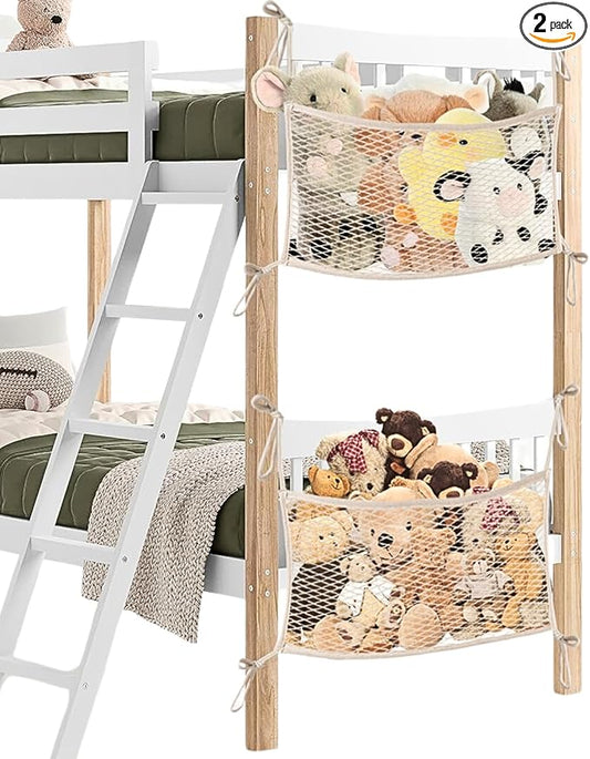 2 Pack Stuffed Animal Storage Net for Kids, Bedside Toy Organizer Net - Neatly Store Your Stuffed Animals, Cotton Bedside Stuffed Animal Storage Net with Tether, Stretches up to 35 Inches, Beige