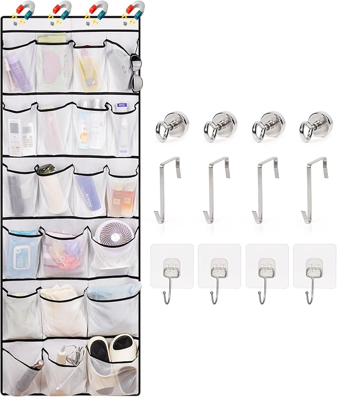 Over The Door Cruise Ship Organizer - Cruise Ship Magnetic Door Organizer with 21 Size-Graded Pockets, Hanging Magnetic Cruise Storage Shoe Rack for Cabin, 2026 Cruise Essential, 12 Hooks(White)