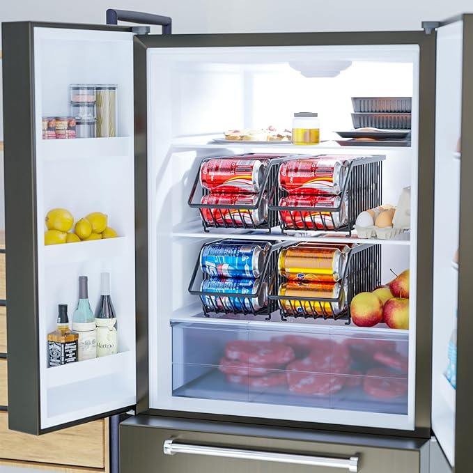Stackable Soda Can Dispenser Organizer Rack, Stacking Can Dispensers Refrigerator Organizer Bins Pop Soda Organizer Dispenser Canned For Fridge, Freezer, Kitchen, Cabinets (8, Black)