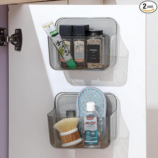2 Pack Adhesive Cabinet Door Organizer, Compact Kitchen Under Sink Organizer, Lid Storage Container for Pantry Shelves, No-drill Wall Mounted Bathroom Shower Caddy Hanging Closet Organizer(Smoke Gray)