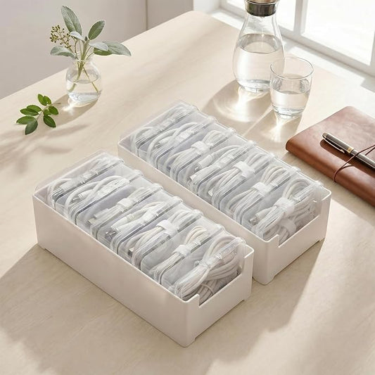 2 PCS Cable Organizer Box with 7 Standalone Cable Management Box, Charger Cord Organizer for Home/Office Desk Accessories Storage Stationery Supplies & Accessories（Clear）