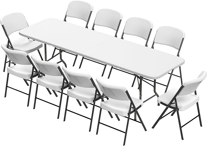 Elevon Folding Table Set with 10 White Folding Chairs,8 Feet Heavy Duty Fold-in-Half Utility Table Sets for Picnic, Event, Training, Outdoor Activities, at Home and Commercial Use