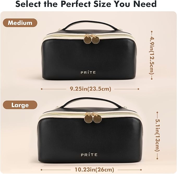Prite Makeup Bag for Women Travel Waterproof Vegan Leather Cosmetic Bag Open Flat Toiletry Bag With Clear Divider and Handle (Black, Large)
