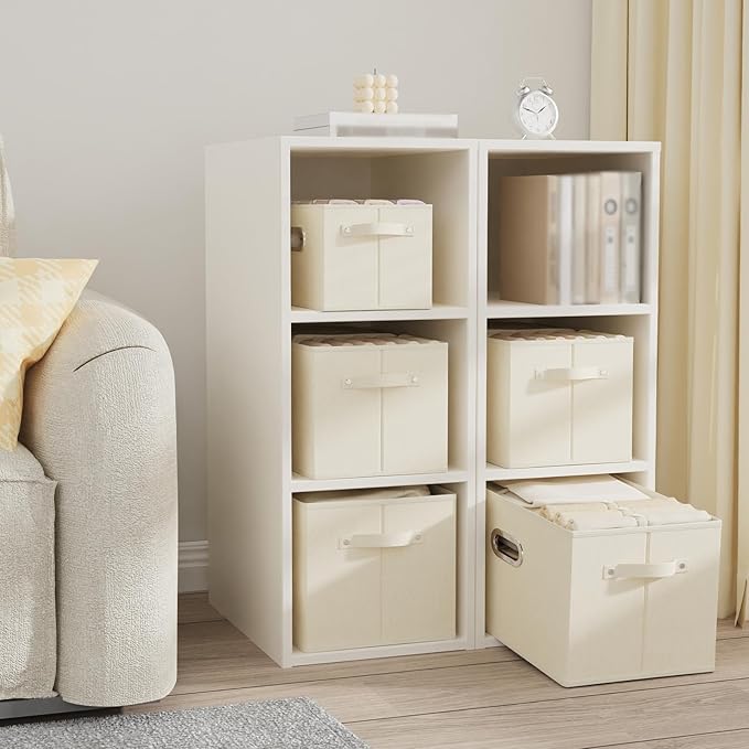 Foldable Cloth Basket with 4 Handles, Decorative Open Storage Boxes, Stackable Cube Organization, Fabric Bins for Shelves, Closet, Living Room, 10.2x7.9x6.7in, Beige, 4 Pack