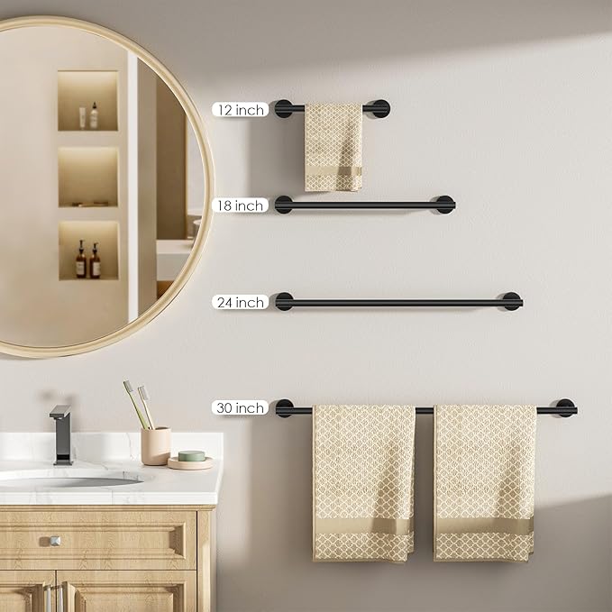 FORIOUS Towel Bar Wall Mounted, 12 inch Stainless Steel Towel Racks for Bathroom, Includes Wall Mounting Hardware (Matte Black, Total Length 14 Inch)