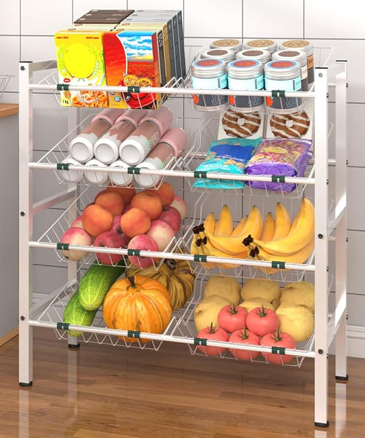 4-Tier Kitchen Storage Rack, Metal Pantry Storage Stand, Fruit Basket Stand with 8 Fruit Vegetable Baskets, Freestanding Snack Organizer Shelf Unit for Living Room, Office, Apartment, White
