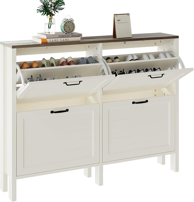LOUVIXA Shoe Cabinet with 4 Flip Drawers, Narrow Shoe Storage Cabinet, Freestanding Shoe Cabinet Organizer, Hidden Shoe Rack Cabinet for Entryway, Hallway (4-Drawers, Off White-Brown)