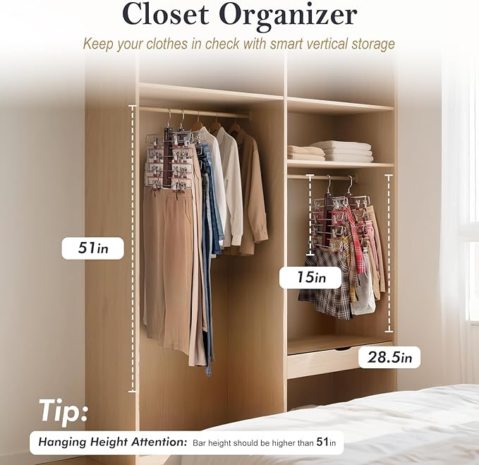 HOUSE DAY Skirt Hangers Space Saving 2 Pack, Double Row 4-Tier Non-Slip Hangers with Clips for Skirts, Shorts, and Pants - Lotus Wood Clip Hanger for Women - Closet Organizers and Storage (Mahogany)