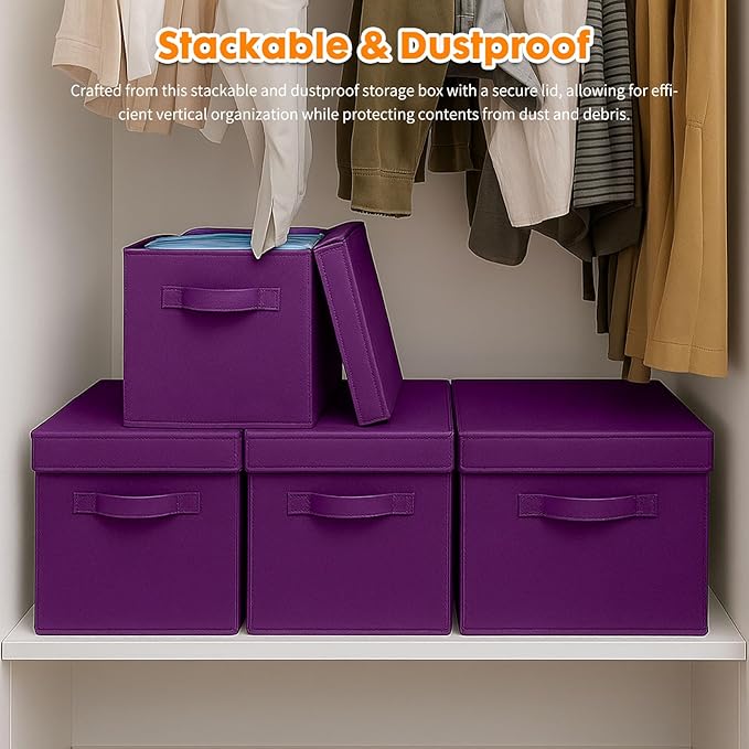 ShellKingdom Storage Bins, Foldable Fabric Storage Cubes with Lid, Clothes Storage Organizer Drawer For Closet Toys Storage, 13 X 13 X 13 INCH, 2 Pack (Purple)