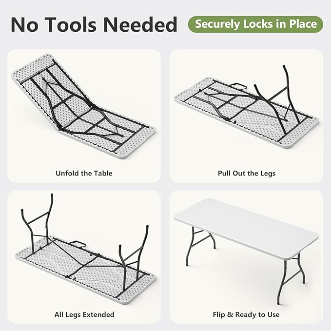Folding Table 2 Pack, 8 FT Foldable Plastic Table with Carrying Handle, Heavy Duty Portable Fold-in-Half Utility Table for Party, Camping, Banquet, Craft, Wedding, Indoor & Outdoor Use