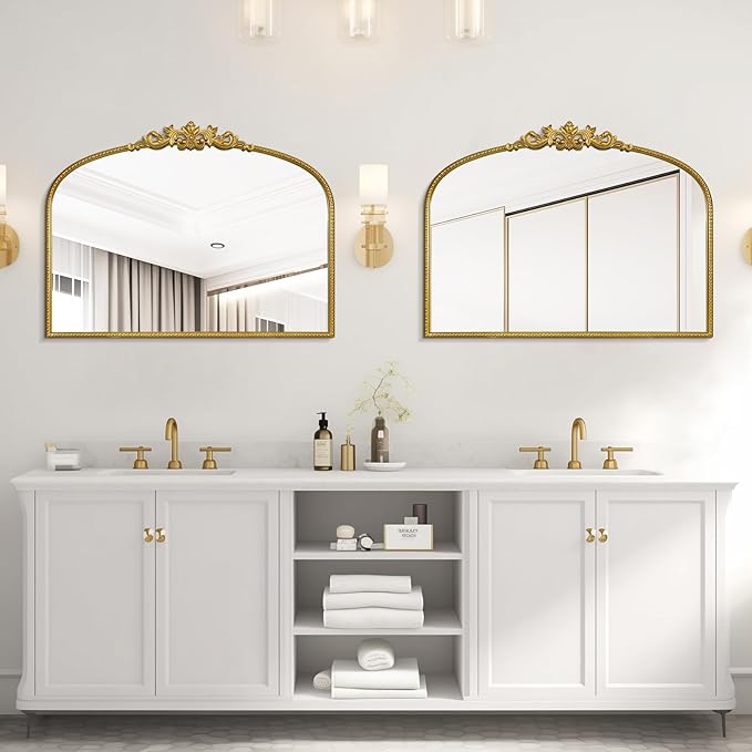 WallBeyond Gold Vintage Mirror for Vanity 32x24 Inch, Gold Antique Mirror with Ornate Frame, Arched Vintage Wall for Bathroom, Living Room, Fireplace, Entryway