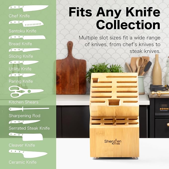 Shenzhen Knives 20 Slot Knife Block without Knives - Large Universal Wooden Block - Bamboo Countertop Knife Holder Organizer and Kitchen Storage