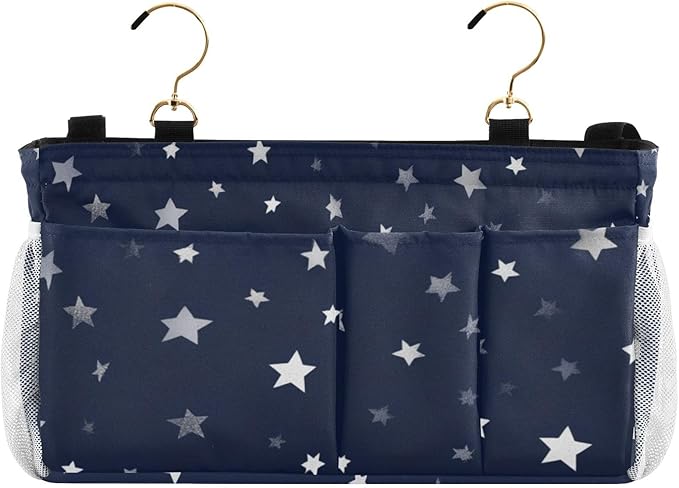Bedside Caddy Hanging Bunk Bed Caddy Bed Organizer Hanging Pocket with 2 Hooks Bedside Storage Organizer Pocket Bag Holder Stars Dark Blue