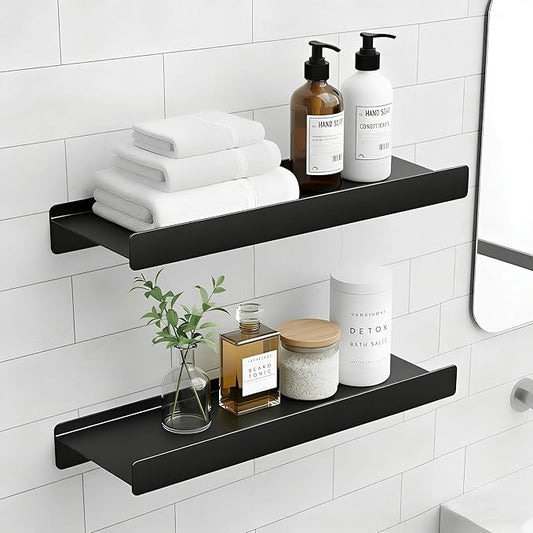 12 inch Metal Floating Shelves for Wall, Small Shelves Wall Mounted with Lip for Storage No Wobble, Heavy Duty Wall Shelves for Bathroom/Kitchen/Bedroom/Small Spaces, Black 12X 4.5X2, Set of 2