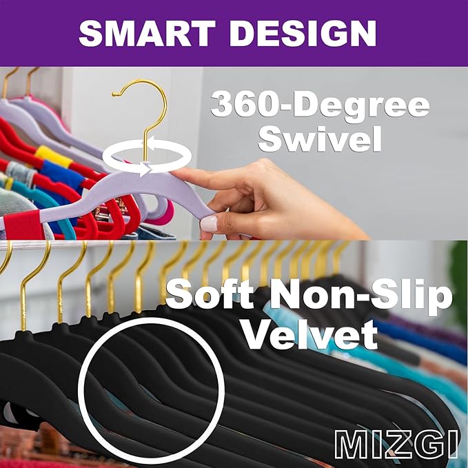 MIZGI Black Velvet Hangers, Premium Gold Finish, Non-Slip Felt, Heavy Duty, Durable Suit Hangers, Space Saving - 60 Pack