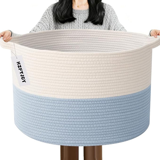 115L Extra Large Woven Cotton Rope Blanket Basket with Handles, Laundry Hamper Storage Bin for Pillows, Comforters,Clothes, Toys, Nursery, Bedroom and Living Room Organization,White&Blue