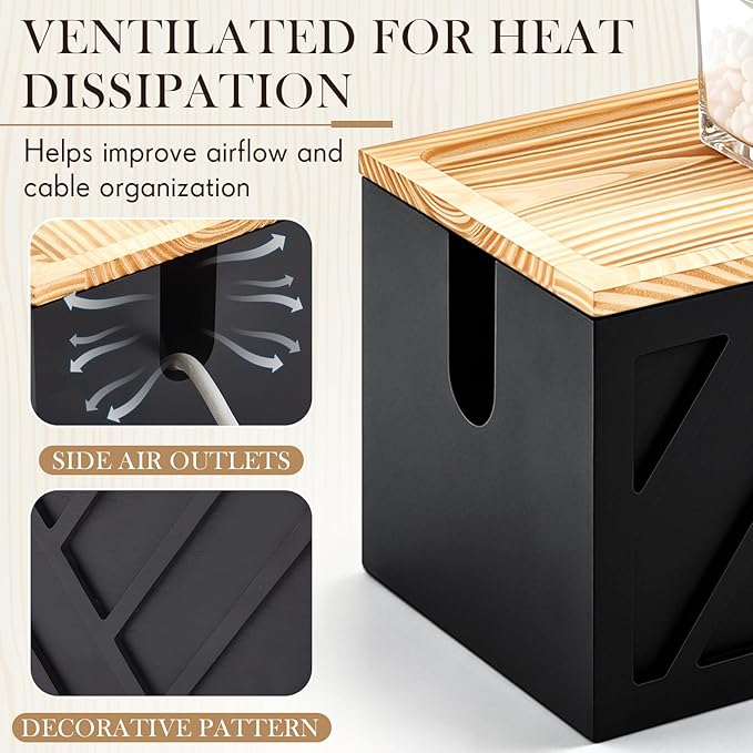 Chunful Large Cable Management Box, Wooden Cord Organizer Box for Desk, Floor, Office to Hide Extension Cords Power Stripes Surge Protectors Chargers Wires, Black, 15" L x 6.1" W x 5.3" H